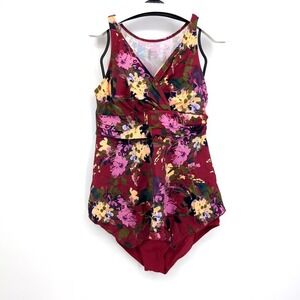 d&co. Beach Tankini Set Burgundy Floral V-Neck Ruched Women Size 14‎